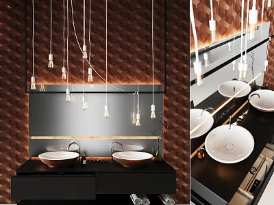 Modern Washstand Design With Double White Basins Black Countertop Brown Textured Wall And Pendant Lights 3d model