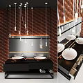 Modern Washstand Design With Double White Basins Black Countertop Brown Textured Wall And Pendant Lights