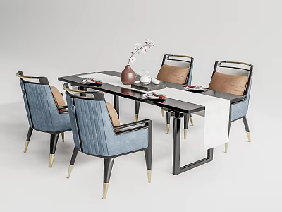 Modern Black Dining Table Set With Blue Chairs Gold Legs And Brown Cushions Vase 3d model