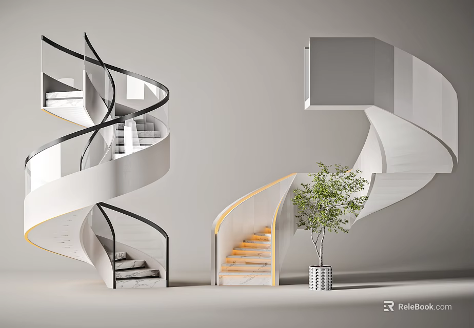 Two Modern Spiral Stairs With White Structure Black Railings And Yellow Accents Near Green Plant 3d model 