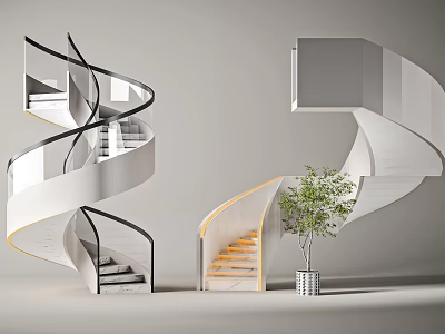 Two Modern Spiral Stairs With White Structure Black Railings And Yellow Accents Near Green Plant 3d model