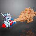 Astronaut In White Suit Riding Red And Blue Rocket With Orange Bubble Creatures