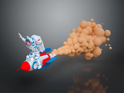 Astronaut In White Suit Riding Red And Blue Rocket With Orange Bubble Creatures 3d model