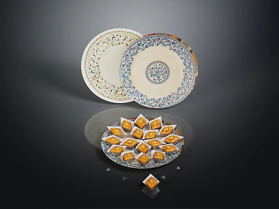 Yellow Diamond Shaped Sweet Treats In Ornate Bowl With Decorative Patterned Plates 3d model