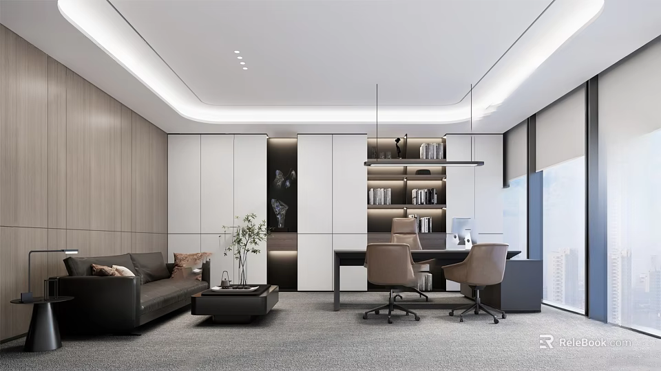 Modern Office Interior With Sofa Coffee Table Bookshelves Desk Chairs And Floor to Ceiling Windows 3d model 