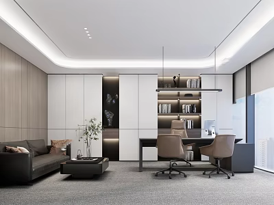 Modern Office Interior With Sofa Coffee Table Bookshelves Desk Chairs And Floor to Ceiling Windows 3d model