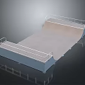 Wooden Skateboard Ramp With White Railings And Metal Base On Black Background