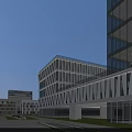 Modern Office Buildings with Green Roofs in Planned Business Park with Landscaping and Water Features