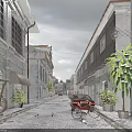 Historic Buildings Along Cobblestone Street With Old Cart Bicycle And Green Plants