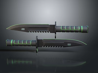 Tactical Military Style Knives with Serrated Blades Green Black Striped Handles and Reflective Surface 3d model