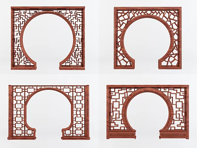 Chinese Traditional Wooden Door Arch With Intricate Carvings And Four Distinct Designs 3d model