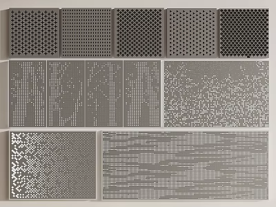 Stylish Gray Decorative Wall Panels With Various Perforated And Striped Patterns 3d model