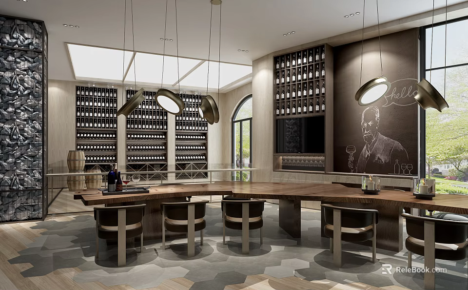 Stylish Bar Area With Wooden Counter Wine Racks Pendant Lights And Bar Stools 3d model 