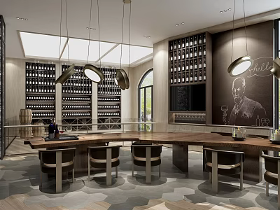 Stylish Bar Area With Wooden Counter Wine Racks Pendant Lights And Bar Stools 3d model