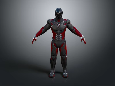 Futuristic Armored Character With Black Red Silver Mechanical Armor Standing Pose 3d model