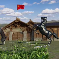 Scenic Grassland With Wooden House Red Flag And Herd Of Horses Under Blue Sky