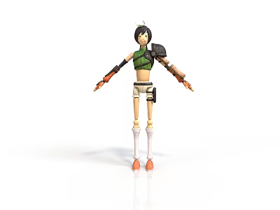 3D Animated Character With Black Short Hair Green Top And Mechanical Limbs 3d model