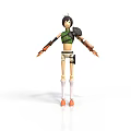 3D Animated Character With Black Short Hair Green Top And Mechanical Limbs