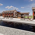 Traditional Commercial Street With Traditional Style Buildings Small River And Stone Paved Path