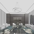 Bright Modern Hotel Public Lounge Area With White Sofas And Circular Chandelier And Patterned Carpet
