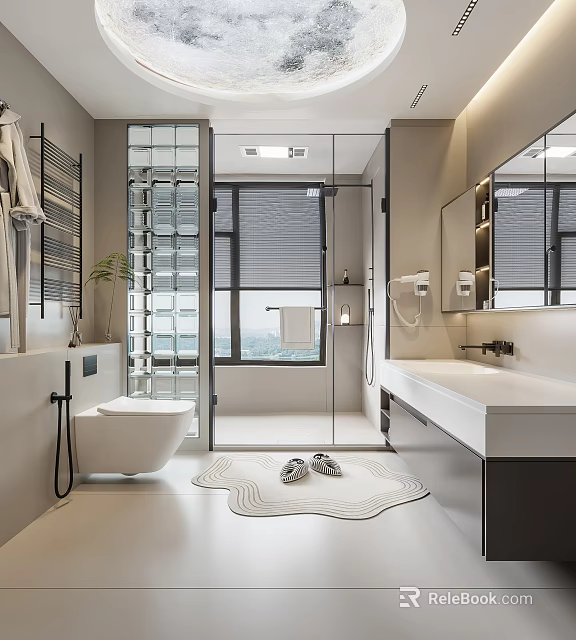 Modern Bathroom Interior With Glass Shower Partition Large Window Vanity And Toilet 3d model 