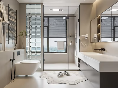 Modern Bathroom Interior With Glass Shower Partition Large Window Vanity And Toilet 3d model