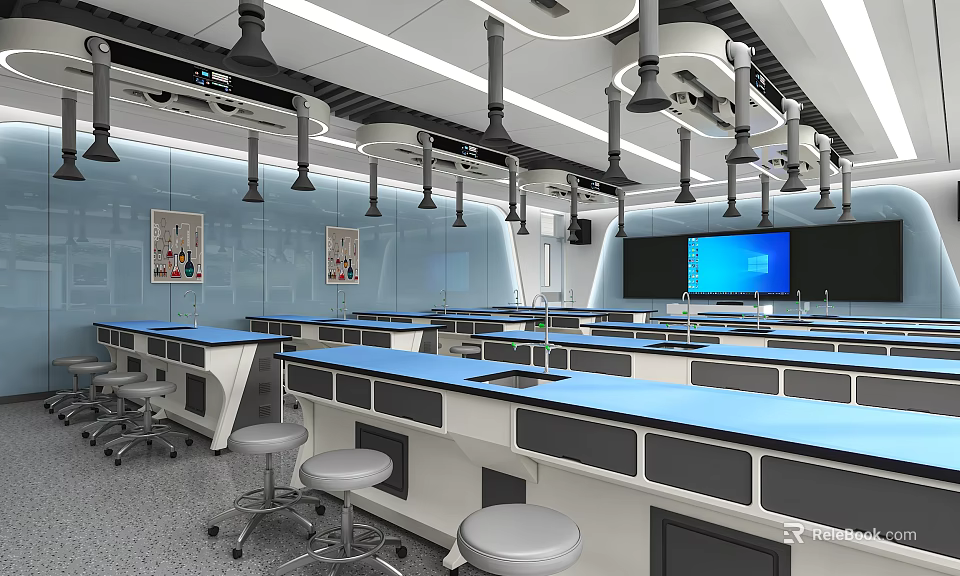 Modern Tech Inspired Laboratory Interior With Blue Counter Lab Benches And Workstations 3d model