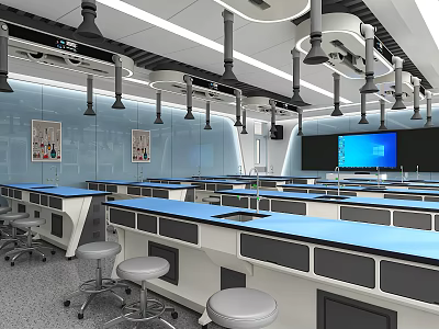 Modern Tech Inspired Laboratory Interior With Blue Counter Lab Benches And Workstations 3d model