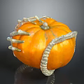 Orange Pumpkin Decorated With Skeleton Bone Ornaments On Dark Background