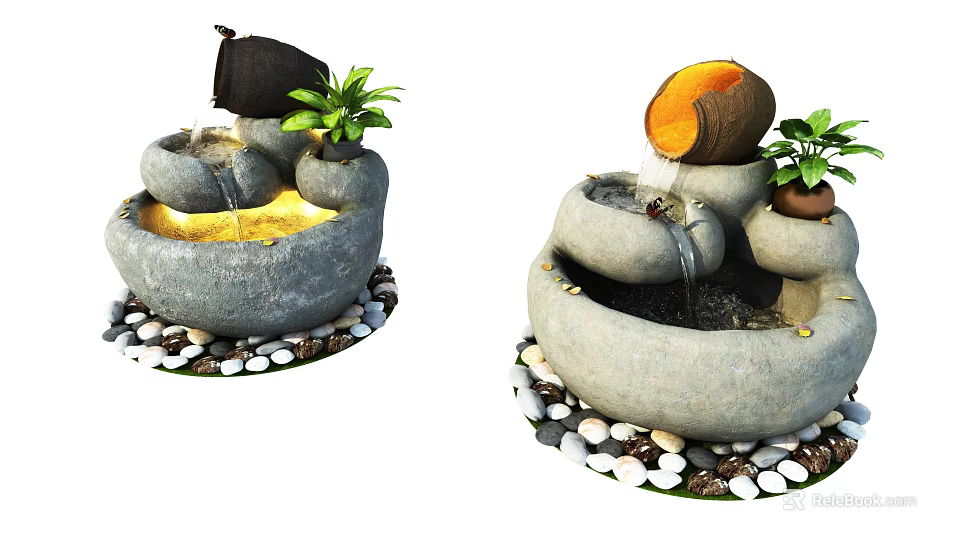 Garden Decor Stone Structure With Flowing Water Potted Plants And Pebble Base 3d model