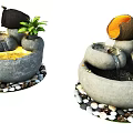 Garden Decor Stone Structure With Flowing Water Potted Plants And Pebble Base 3d model