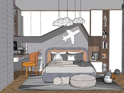 Modern Kids Room Design With Cloud Pendant Lights Airplane Decor Study Desk And Stuffed Toys 3d model