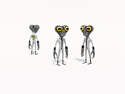 Three Gray Game And Movie Characters With Big Eyes And White Suits 3d model