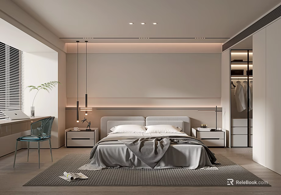 Modern Minimalist Bedroom Interior Design With Large Bed Nightstands And Pendant Lights 3d model 
