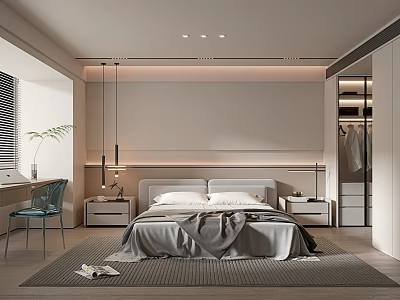 Modern Minimalist Bedroom Interior Design With Large Bed Nightstands And Pendant Lights 3d model