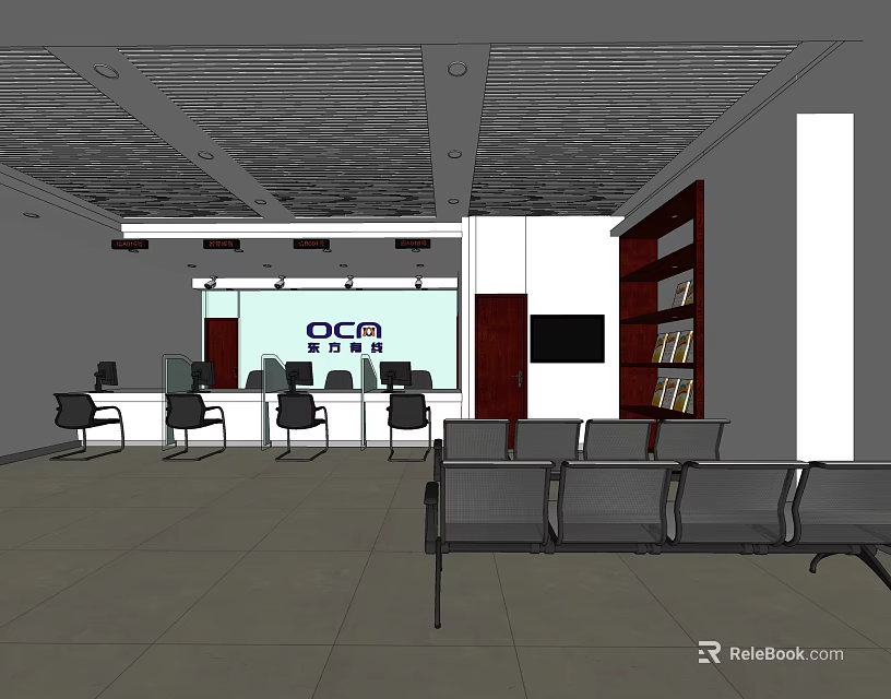 Modern Service Hall Interior With OCCA Sign Reception Counter Chairs And Bookshelves 3d model 