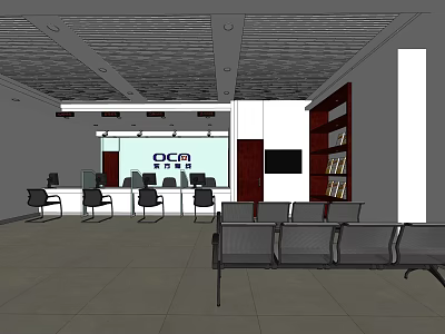 Modern Service Hall Interior With OCCA Sign Reception Counter Chairs And Bookshelves 3d model