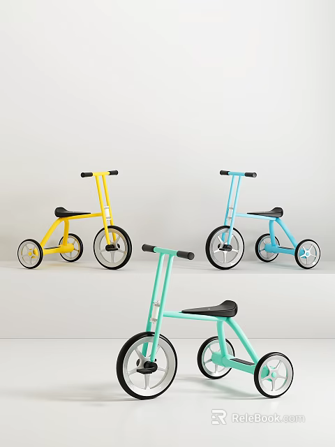 Colorful Kids Tricycles Yellow Light Blue and Light Green with Simple Design on White Background 3d model 