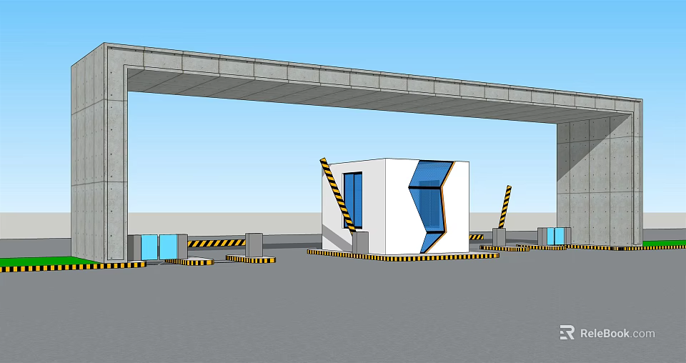 Concrete Entrance Gate Archway With White Blue Control Booth Warning Stripes And Blue Sky 3d model 