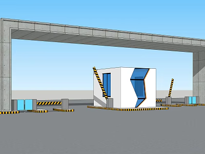 Concrete Entrance Gate Archway With White Blue Control Booth Warning Stripes And Blue Sky 3d model