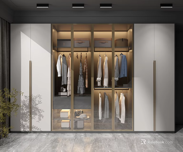 Modern Wardrobe Glass Door Design With Hanging Garments Folded Clothes And Storage Compartments 3d model 