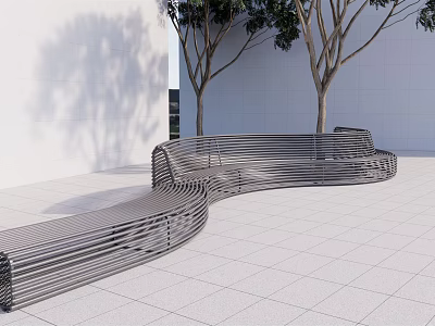 Modern Curved Metal Landscape Seat In Outdoor Area With Trees And White Wall 3d model