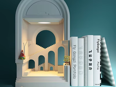 Decorative Ornament Set with Arched Structure Staircase Small Figurine and Books 3d model