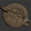 Antique Copper Metal Decorative Piece With Intricate Carved Patterns And Ring Handles