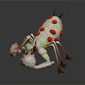 Gray Mythical Creature with Red Dots Green Eyes Horns Multi Legs and Spiked Scorpion Claws