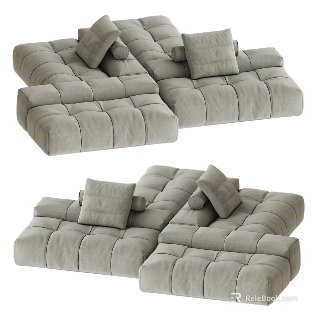 Light Gray Velvet Sectional Sofa With Tufted Design And Soft Plush Cushions 3d model 