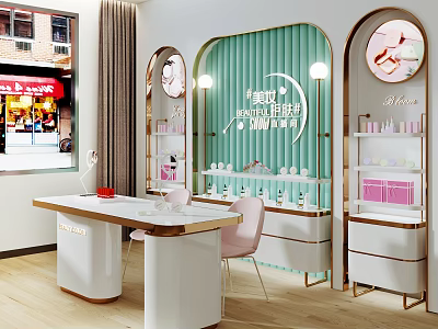 Modern Public Office Space With White Desk Pink Chairs And Display Shelves 3d model