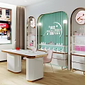 Modern Public Office Space With White Desk Pink Chairs And Display Shelves