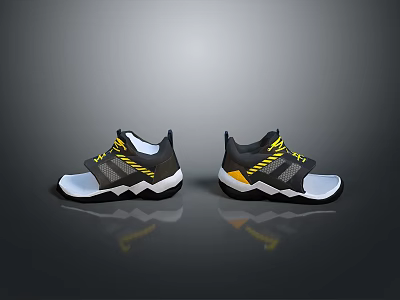 Stylish Athletic Sports Shoes In Black Yellow White With Yellow Laces And Striped Design 3d model