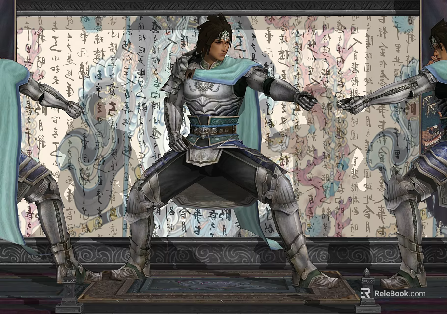 Ancient Style Armored Game Movie Character Standing Pose with Surrounding Figures and Patterned Background Screen 3d model 